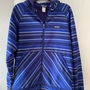 Patagonia blue stripe men’s zip-up hooded jacket